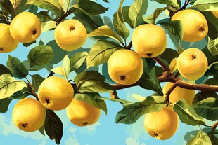 枝头黄苹果与绿叶美景