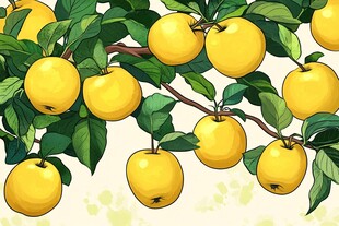 枝头黄苹果与绿叶景致