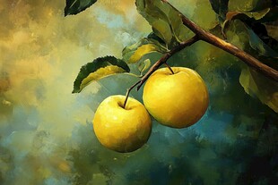 枝头双黄苹果油画特写