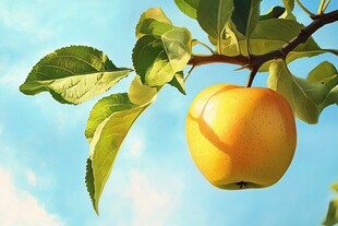 枝头黄苹果与绿叶蓝天