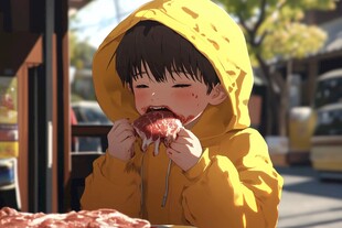 穿黄雨衣小孩开心吃披萨