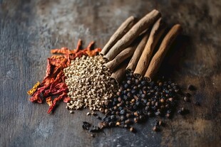 多样香料摆于古朴桌面上