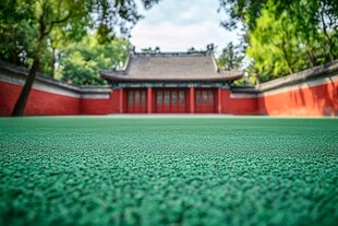 红墙古建前的翠绿场地