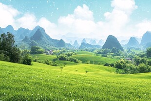 绿野山峦间的清新田园风光