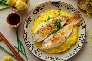 香煎鱼配蛋美食摆盘