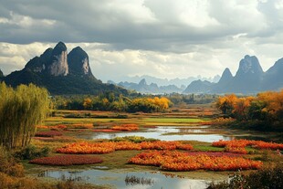 秋日山水田园绚丽风光