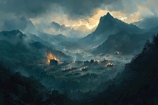山间暮色中的村落与飞鸟