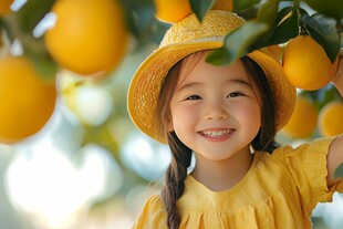 黄衣女孩在橘园开心微笑