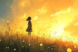 夕阳下女孩漫步花海