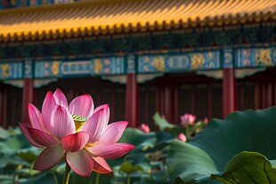 故宫前绽放的娇艳粉色荷花