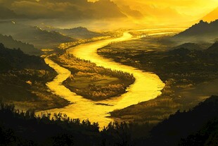 金色蜿蜒河流穿山林美景
