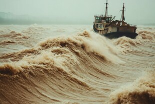 海浪中飘摇的老旧渔船