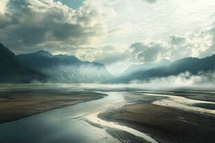 山间晨雾中的蜿蜒河流