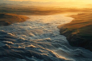 金色晨光下的湍急河流