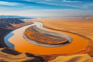 黄河蜿蜒于广袤沙漠之间