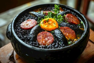 美味黑米饭配香肠与蔬菜