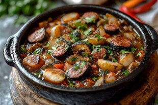 铸铁锅中的美味香肠炖菜