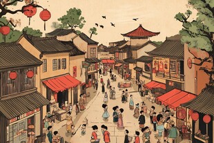 古街热闹市井生活图景