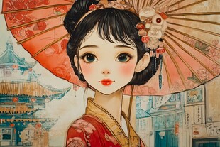 古风少女撑伞赏景