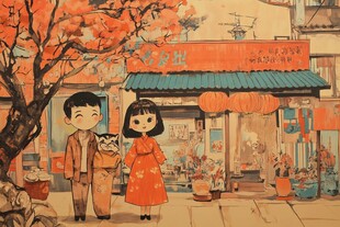 古风街道的孩童与萌猫