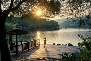 湖畔夕阳下的孤独小身影