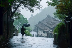 雨中撑伞漫步古巷