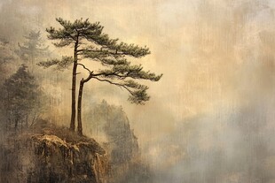 悬崖孤松 雾霭山林之景