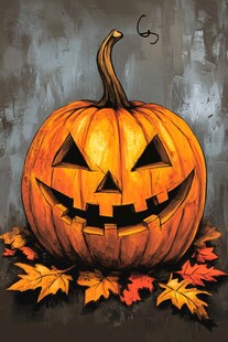 万圣节南瓜插画与秋叶