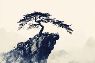 悬崖孤松水墨意境图