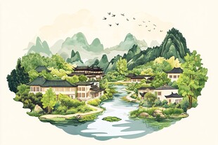 中式山水村落景观图