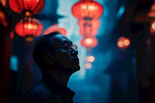 夜巷中仰观红灯的男子