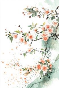 水墨风盛开的粉色花枝