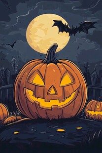 月夜下的南瓜灯与蝙蝠