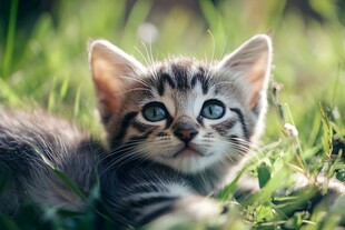 草地上的可爱条纹小猫咪