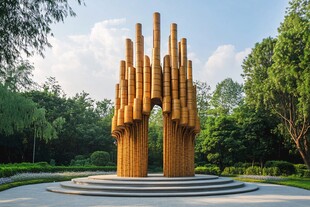 竹林造型雕塑立于绿意中