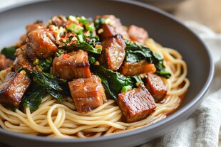 红烧肉菠菜拌面美味诱人