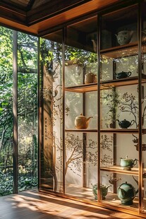 中式茶室窗边的雅致茶具