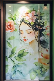 梦幻花卉少女玻璃墙绘