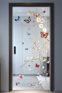 蝶舞花枝玻璃门装饰画
