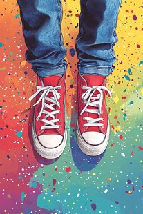 彩色背景下的红鞋与牛仔裤