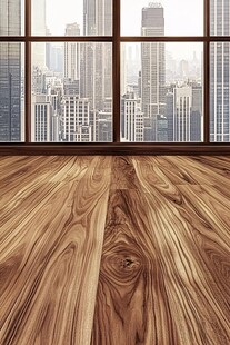 窗边木地板与城市景观