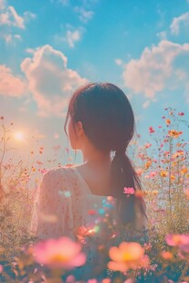 少女置身花海望向远方