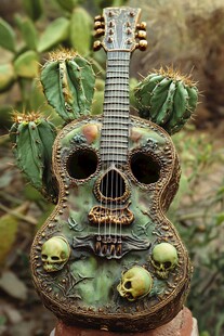 骷髅装饰吉他与仙人掌景观