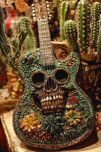 骷髅装饰吉他与仙人掌