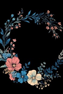 黑色背景的梦幻花卉花环