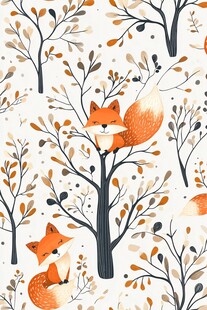 秋日狐狸与树木可爱图案