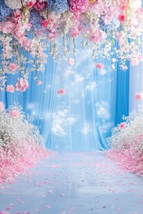 梦幻粉蓝花卉婚礼通道场景