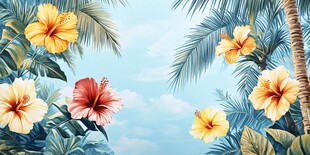 夏日热带花卉与棕榈景观