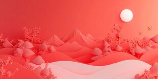 红色剪纸风山川景观图