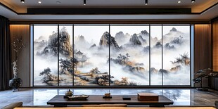 中式客厅巨幅山水壁画之美